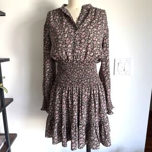 LA VIE Rebecca Taylor Shirred Waist Long‎ Sleeve Floral Chiffon Dress-Size XS